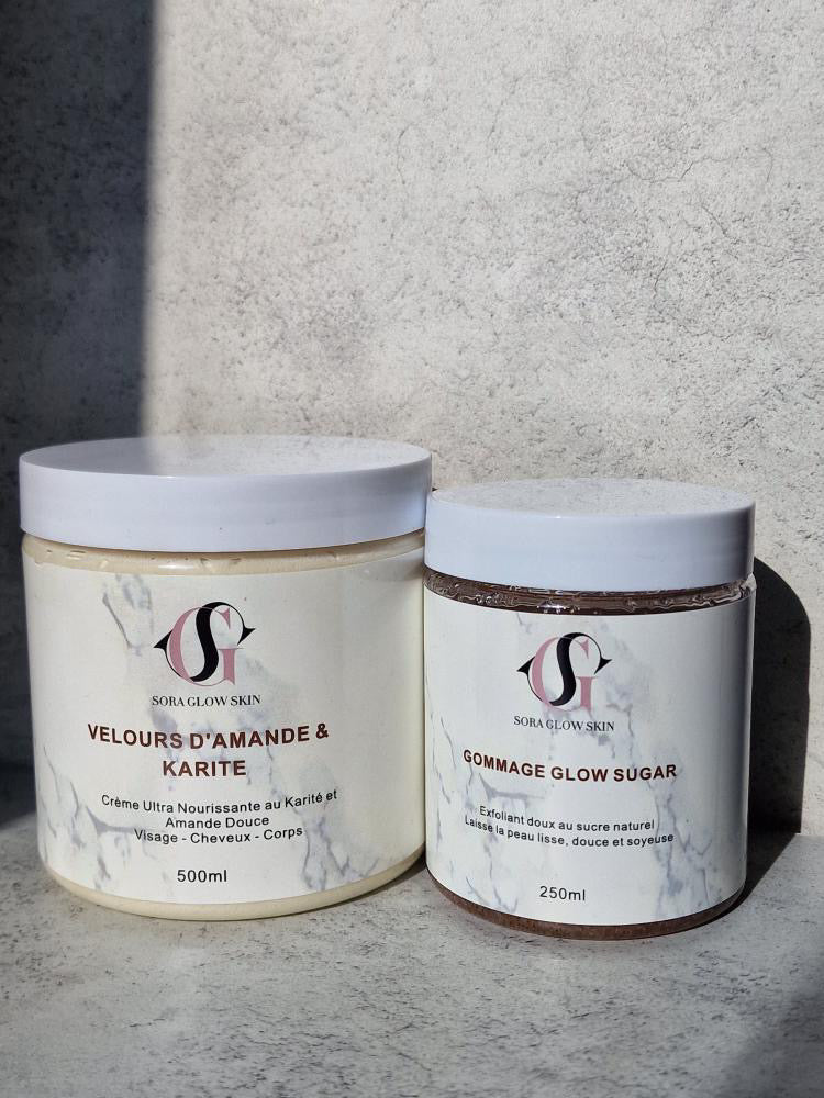 Duo soin corps et visage velours d’amande, douce, karite, gommage corps, visage, vanille, ananas, coco